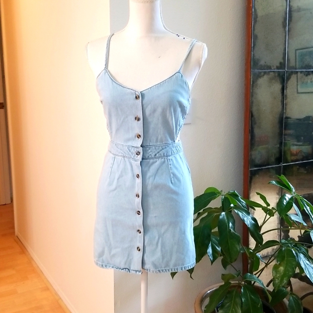 Forever 21 Tight Denim Mini Dress With Cut Out Adjustable Straps Button Front